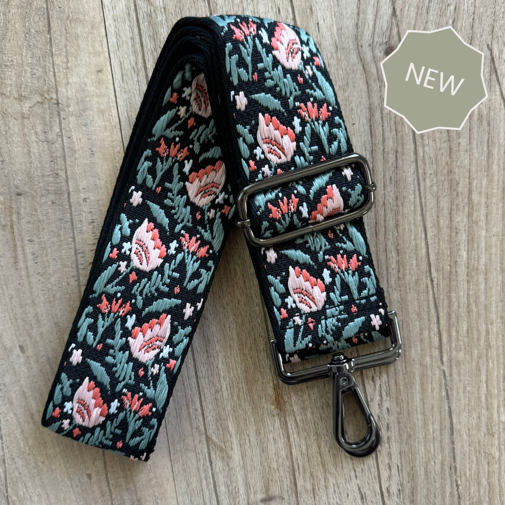 Black Floral Crossbody Bag Strap (Gunmetal) - Main Image