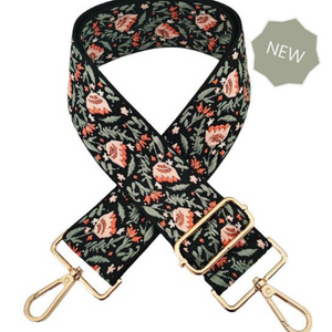 Black Floral Crossbody Bag Strap (Gold)