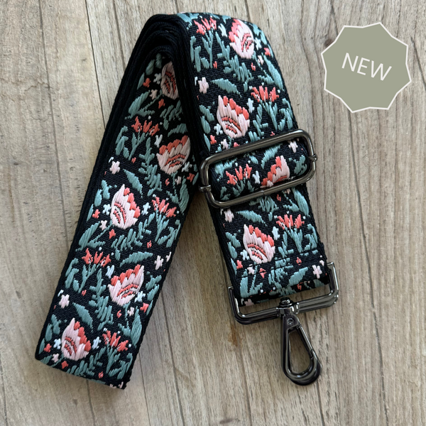 Black Floral Crossbody Bag Strap (Gunmetal)